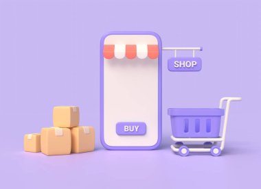 3D cep telefonu, alışveriş arabası, karton kutular. Çevrimiçi alışveriş ve mal teslimatı konsepti, dijital pazarlama promosyonu. 3d oluşturma