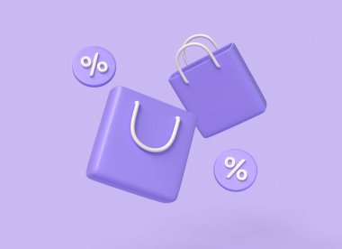 3D alışveriş poşetleri ve çizgi filmdeki yüzde işaretler. İnternet alışveriş konsepti. Pankart dekorasyon elementlerini depola. Mor arka planda izole edilmiş bir resim. 3d oluşturma