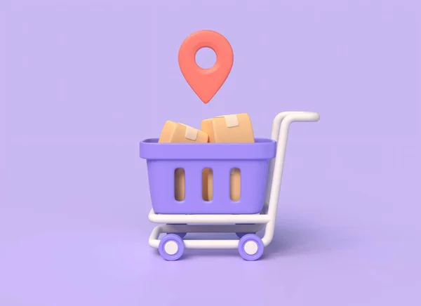 3D购物车 地理定位图标和卡通式包装纸板箱 网上购物和送货的概念 在白色背景上孤立的图解 3D渲染 — 图库照片