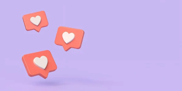 3D心脏图标社交媒体和言语泡沫从不同的角度 网上申请通知的概念 在紫色背景上孤立的图解 3D渲染 — 图库照片