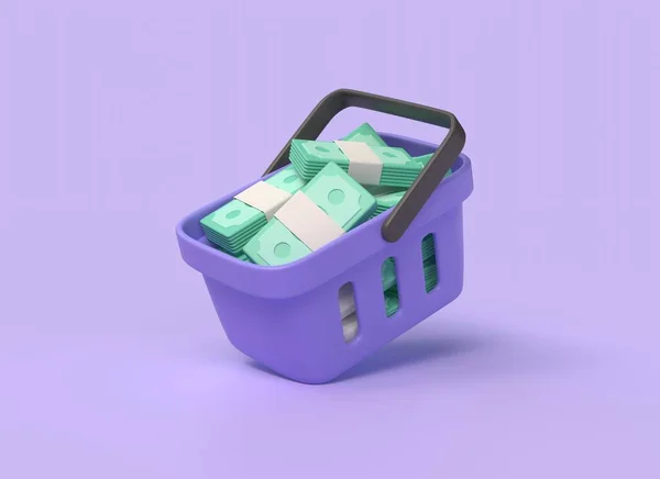 3D购物车装满了成捆的钱 绿色的钞票 网上购物省钱的概念 在紫色背景上孤立的图解 3D渲染 — 图库照片