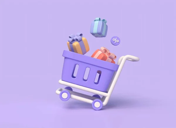 Shopping Trolley Gift Boxes Cartoon Style Illustration Концепция Интернет Магазинов — стоковое фото