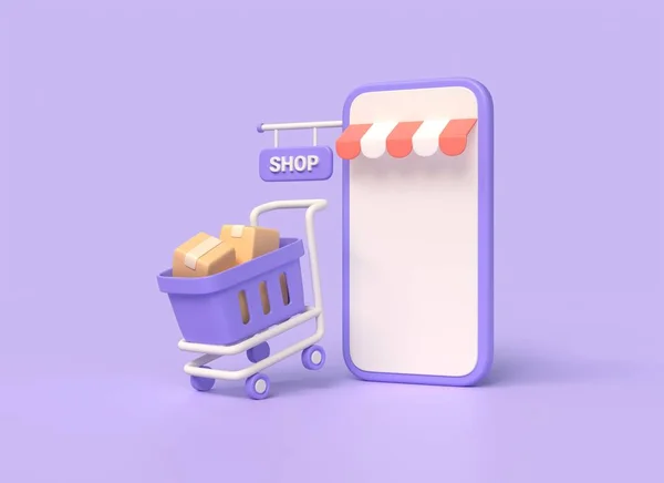 3D说明手机 购物车和纸板箱 网上购物和送货的概念 数字营销推广 3D渲染 — 图库照片