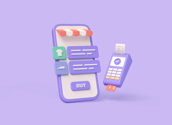 3Dイラスト携帯電話 クレジットカード 購入ボタン ネットショッピングのコンセプトデジタルマーケティングの推進 スマートフォンを使ったオンライン決済です 3Dレンダリング — ストック写真