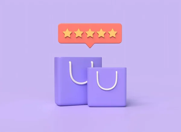 3D购物袋和五星级卡通片评级 网上购物的概念 存储横幅装饰元素 在紫色背景上孤立的图解 3D渲染 — 图库照片