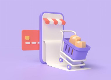 3D cep telefonu, alışveriş arabası, kredi kartı, paket için karton kutular. İnternet mağazasından alışveriş yapma fikri. Mor arka planda izole edilmiş bir resim. 3d oluşturma