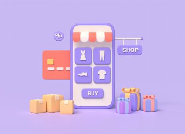 3D cep telefonu, hediye kutuları, kredi kartı, teslimat kutuları. Bir akıllı telefondan online uygulama üzerinden alışveriş kavramı. Görüntü: Mor arka plan 33D görüntüleme