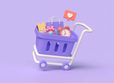 Çalar saati olan 3D alışveriş arabası, yüzde işareti, çanta ve hediye kutusu olan kupon. Online bir mağazadan indirimli alışveriş yapma kavramı. Mor arkaplan 3D görüntüleme üzerinde izole