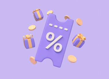 Yüzde işaretli 3D kuponlar, hediye kutuları ve altın paralar. Online mağazada indirimli satın alma kavramı. Dijital pazarlamada özel teklif. 3d oluşturma