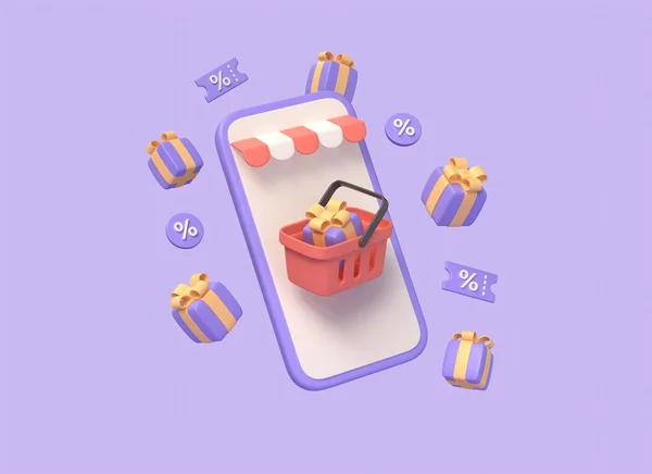 3D手机 购物车和礼品盒在空中飘扬 在网上商店购物时获得折扣的概念 — 图库照片