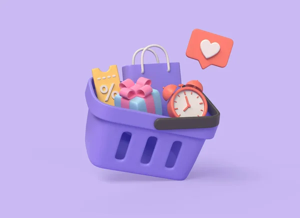 带闹钟的3D购物车 带有百分数标志 购物袋和礼品箱的优惠券 网上购物打折的概念 在紫色背景上孤立的图形 3D渲染 — 图库照片
