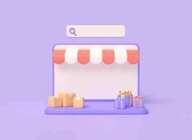 3D laptop, arama barı, paket için karton kutular, hediye kutuları. Online mağazadan alışveriş ve mal teslimatı konsepti. Mor arkaplan 3D görüntüleme üzerinde izole
