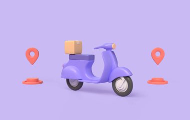 Paketler için 3D servis scooter ve karton kutular, konum simgesi. Hızlı teslimat hizmeti konsepti. Online mağazadan alınmış. 3d oluşturma