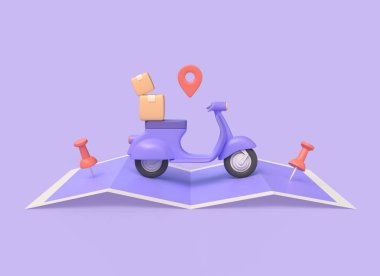 3D harita, teslimat servisi scooter ve paket için karton kutular, konum simgesi. Hızlı teslimat hizmeti konsepti. Online mağazadan alınmış. 3d oluşturma