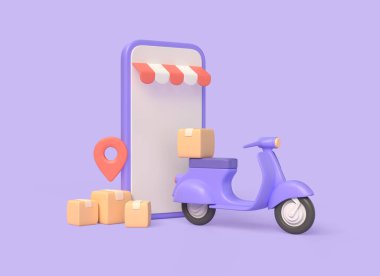 3D cep telefonu, teslimat servisi scooter ve paket için karton kutular, konum simgesi. Hızlı teslimat hizmeti konsepti. Online mağazadan alınmış. 3d oluşturma