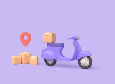 Paketler için 3D servis scooter ve karton kutular, konum simgesi. Hızlı teslimat hizmeti konsepti. Online mağazadan alınmış. 3d oluşturma