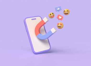 3D cep telefonu, mıknatıs, emojiler, kalp ve baş parmaklar konuşma balonunda. Sosyal medya içeriği oluşturma ve takipçi edinimi. Mor arka planda izole edilmiş bir resim. 3d oluşturma