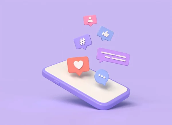 3d mobile phone and console on speech bubbles, chat, heart, thumbs up, comment, hashtag. social media communication concept. digital marketing. 3d rendering