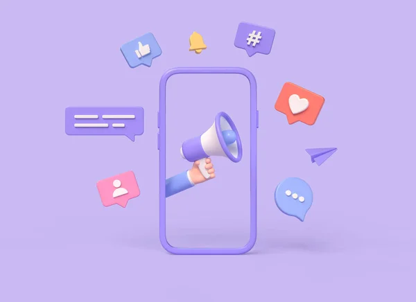 3D cep telefonu çerçevesi, hoparlör tutan el, konuşma baloncukları, ikon ve yorum, kalpler, başparmaklar, hashtag. Sosyal medya reklamcılığı ve tanıtım konsepti. 3d oluşturma