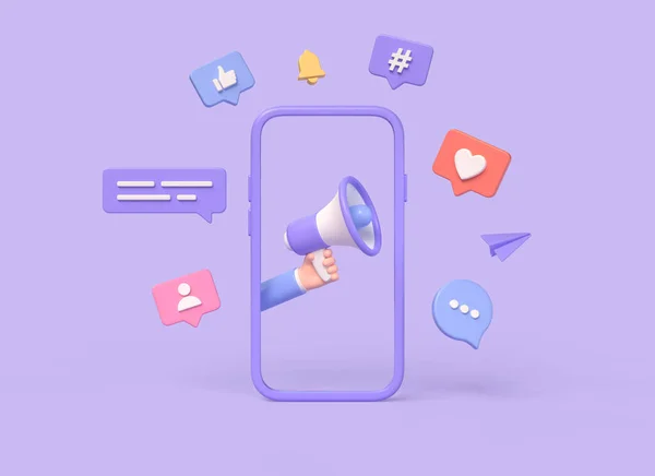 3d mobile phone frame, hand holding a loudspeaker, notifications on speech bubbles, icon and comment, hearts, thumbs up, hashtag. social media advertising and promotion concept. 3d rendering