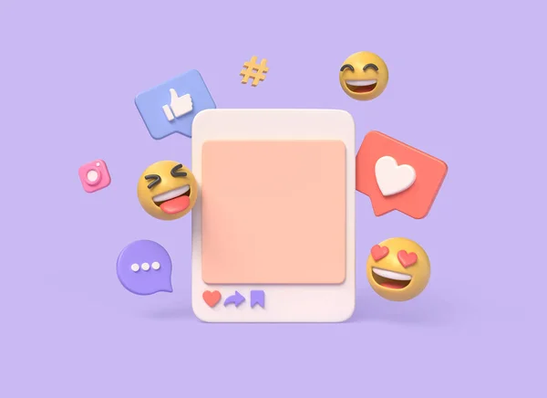 3d photo frame, emojis, chat, thumbs up and heart icon in cartoon style. social media digital marketing concept. illustration isolated on purple background. 3d rendering