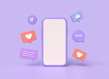 3D cep telefonu ve bildirim simgeleri, kalp, baş parmak, hashtag, sohbet. Sosyal ağlarda iletişim kavramı. Dijital pazarlama. Mor arkaplan 3D görüntüleme