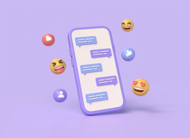 3D cep telefonu ve sohbet ekranda, başparmaklar yukarı ve kalp simgeleri. Sosyal ağlarda iletişim kavramı. Dijital pazarlama. Mor arkaplan 3D rende izole edilmiş illüstrasyon
