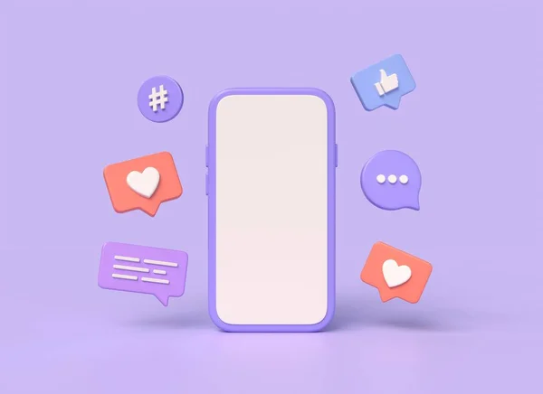 3d mobile phone and notification icons around, heart, thumbs up, hashtag, chat. the concept of communication in social networks. digital marketing. illustration on purple background.3d rendering