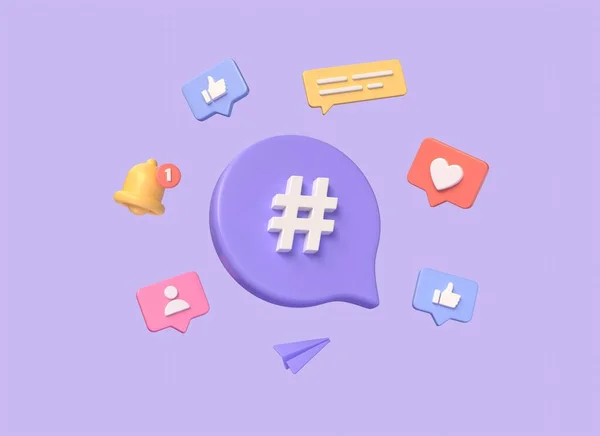 Hashtag Icon Search Symbol Notification Icon Bell Heart Thumbs Concept — Stock Photo, Image