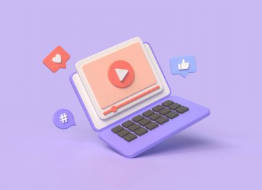 Laptop ekranında 3D video oynatıcı, ikonların kalbi, baş parmaklar, konuşma balonunda etiket. Tarayıcıdan canlı yayın. Sosyal ağlarda dijital pazarlama. 3d oluşturma