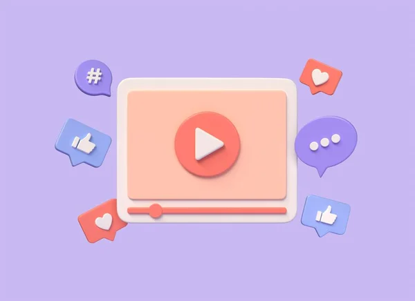 Video Player Heart Icons Thumbs Hashtag Speech Bubble Live Streaming — Stock Photo, Image