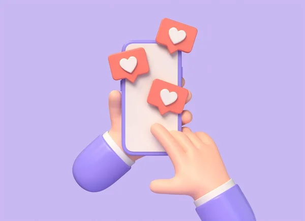 Character Hand Holding Mobile Phone Notification Icons Concept Communication Social — Stock Photo, Image