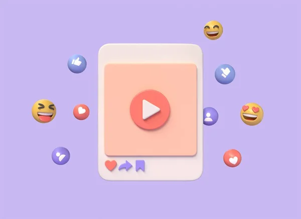 3d video player on photo frame with heart, thumbs up, hashtag icons. Live Stream. digital marketing in social networks. illustration on purple background. 3d rendering