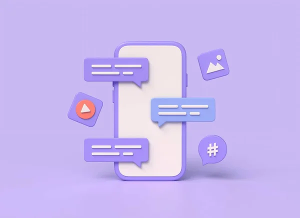 3d mobile phone with chat on screen, video player and images icon, hashtag icon. the concept of communication in social networks. digital marketing. illustration on purple background. 3d rendering