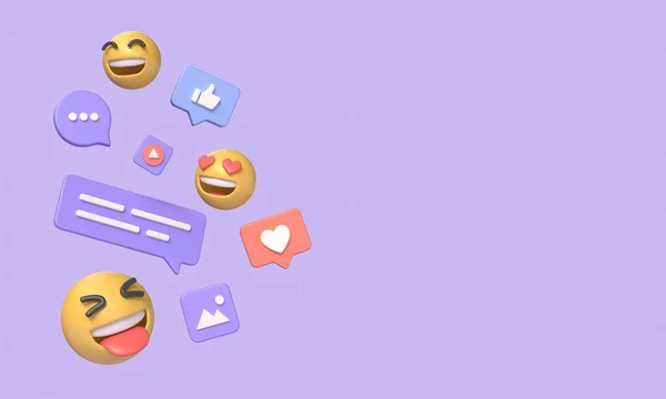 Social media platform 3D, online communication apps concept, emoticons, hearts, chat. Message notification. new message 3d messenger. illustration on purple background.3d rendering