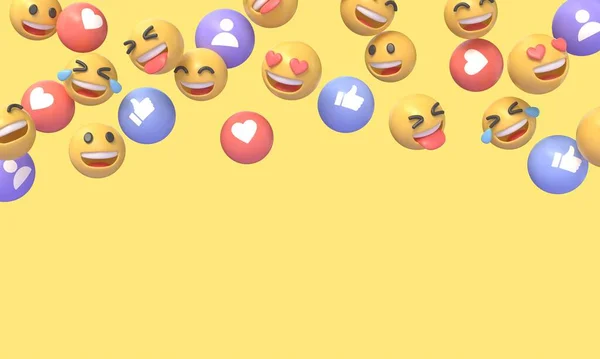 3d thumbs up, heart and falling emoji icons. illustration for social networks. digital marketing. isolated on yellow background. 3d rendering