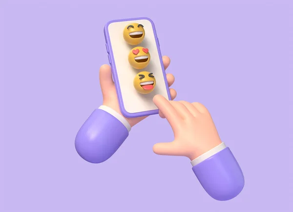 Mobiele Telefoon Hand Van Een Stripfiguur Glimlach Pictogrammen Het Scherm — Stockfoto