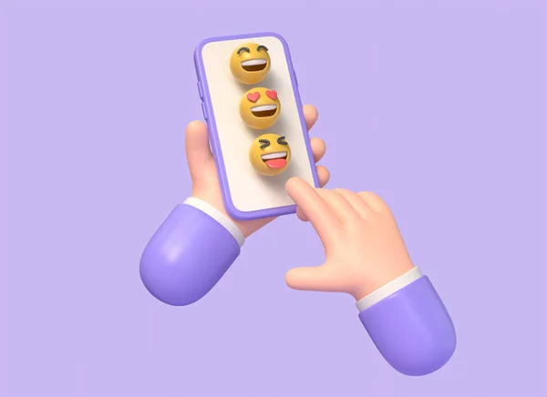 3d mobile phone in the hand of a cartoon character and smile icons on the screen. the concept of communication in social networks. digital marketing. illustration on purple background. 3d rendering