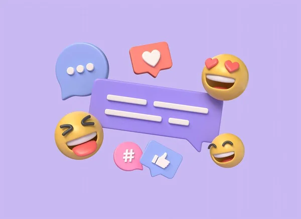 Social media platform 3D, online communication apps concept, emoticons, hearts, chat. Message notification. new message 3d messenger. illustration on purple background.3d rendering