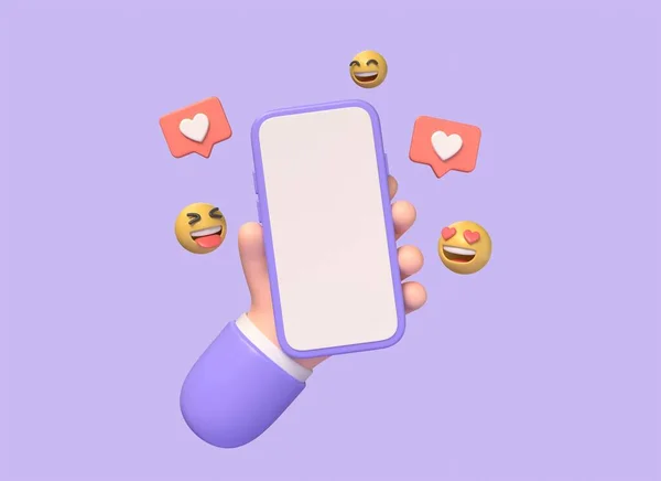 Cartoon Character Hand Holding Mobile Phone Heart Notification Icons Speech — Stock Photo, Image