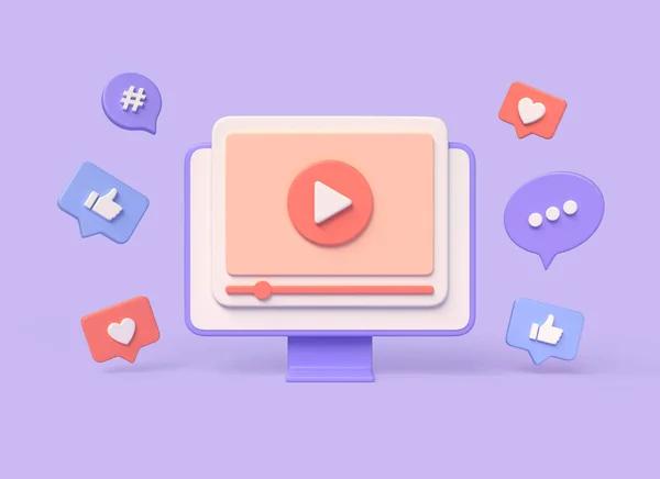 3D video player in the browser window on the monitor screen. live broadcast on social networks. thumbs up, heart, hashtag icons. digital marketing. illustration on purple background. 3d rendering