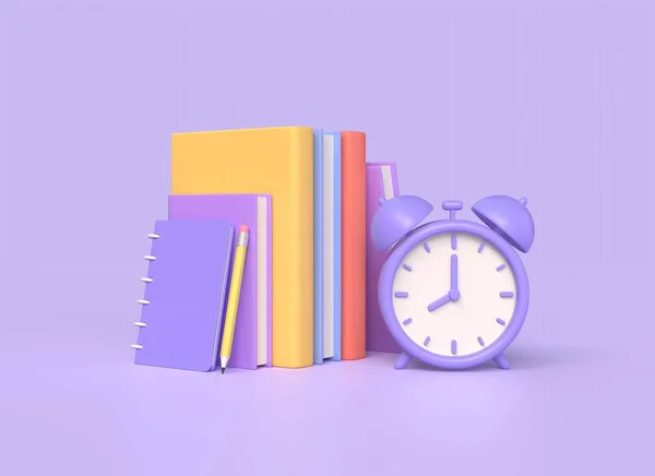 本の3Dスタック 目覚まし時計 漫画のスタイルで鉛筆 オンライン教育です 試験の準備だ 紫色の背景に描かれています 3Dレンダリング — ストック写真