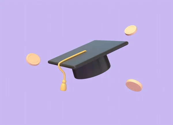 3d Graduation cap with money coins. paid education, scholarships, academic training, investment in knowledge, financial planning. illustration on purple background. 3d rendering