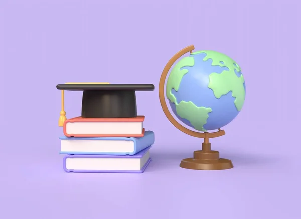 3D堆书籍 研究生帽 回到学校教育 升入学校或大学 在紫色背景上孤立的图解 3D渲染 — 图库照片