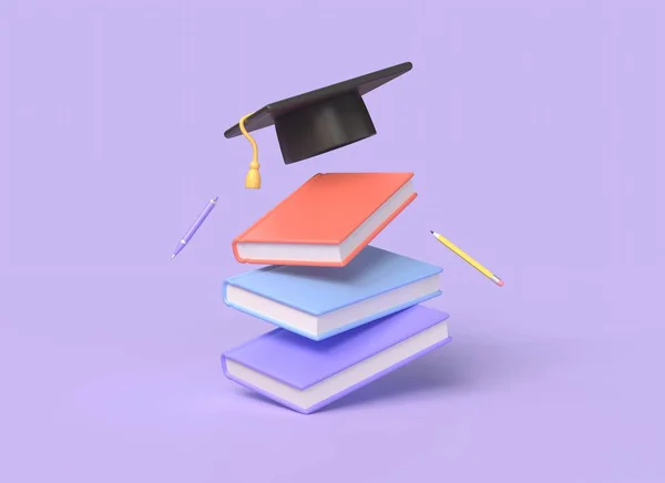 本の3Dスタック 秋に大学院キャップ 学校教育に戻る 学校や大学への入学 紫色の背景に描かれています 3Dレンダリング — ストック写真