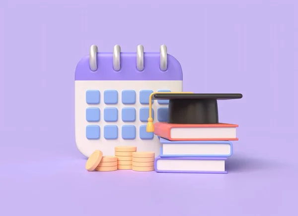 3d stack of books, gold coins, calendar, graduation cap in cartoon style. online education. timely payment for education. illustration isolated on purple background. 3d rendering