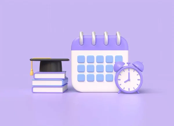 3d stack of books, alarm clock, calendar, graduation cap in cartoon style. online education. preparation for exams. illustration isolated on purple background. 3d rendering