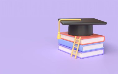 3D kitap yığını, mezun şapkası, çizgi film tarzında merdiven. Okula dönüş ya da eğitim alma kavramı, çevrimiçi öğrenme. Mor arkaplanda illüstrasyon. 3d oluşturma