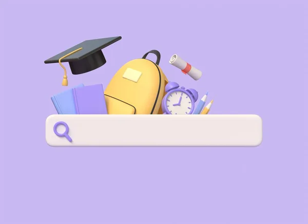 3D検索文字列 バックパック 目覚まし時計 卒業帽子 オンライン教育やトレーニングを受けるという考え方です 紫色の背景に描かれています 3Dレンダリング — ストック写真