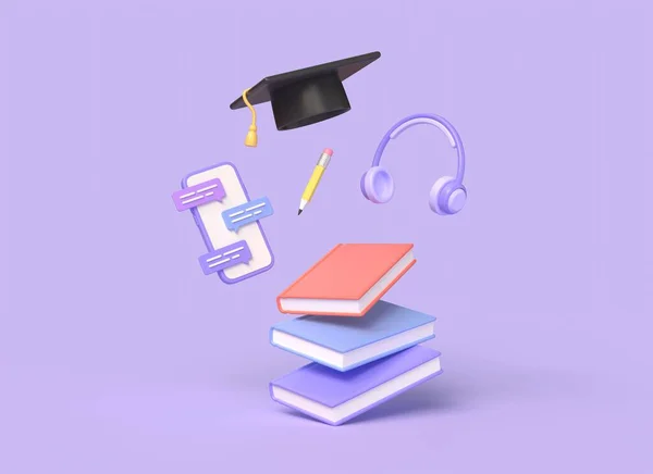 3d school supplies graduate hat, headphones, books, pencil and smartphone in cartoon style. back to school concept. getting an education. illustration on purple background. 3d rendering